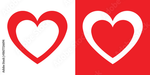 Minimalist heart icons in red and white. Split screen design featuring a red heart on white and a white heart on red. Flat vector illustration for Valentine's Day, love, and romantic concepts.