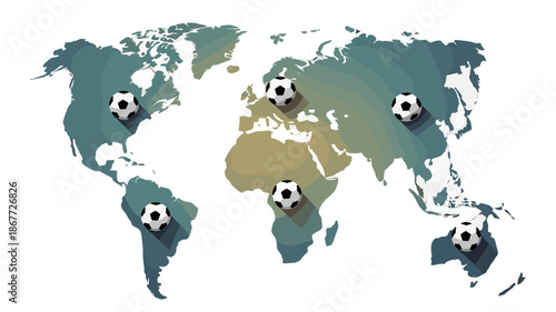 Soccer balls placed on a world map representing global sports.