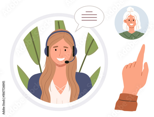 Digital communication, customer service, online support, remote assistance, virtual interaction, teamwork. Smiling support agent wearing a headset, pointing hand and client avatar. Customer service