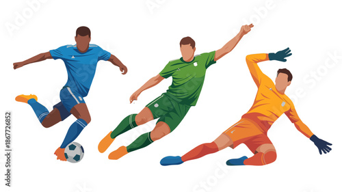 Three soccer players in action, showcasing the dynamic nature of the sport.