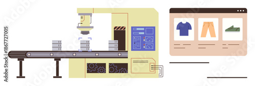 E-commerce, automation, manufacturing, logistics, product packaging, online shopping. Conveyor belt with automated machinery and browser page displaying retail products. Automation and e-commerce