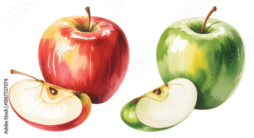 Botanical apple set with whole and sliced fruit in watercolor.