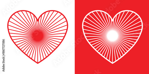 Minimalist heart icons in red and white. Split screen design featuring a red heart on white and a white heart on red. Flat vector illustration for Valentine's Day, love, and romantic concepts.