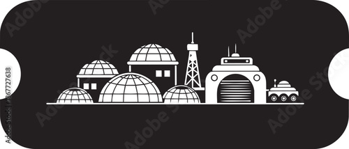 Futuristic lunar colony vector illustration showing geodesic domes research station and rover