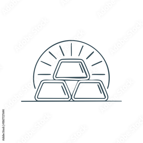 Illustration of gold bars arranged in a stack shining with stylized light, gold ingots in a minimalist graphic art style