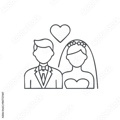 Bride and groom minimalistic vector illustration with heart above their heads, wedding couple in love marriage celebration thin line icon
