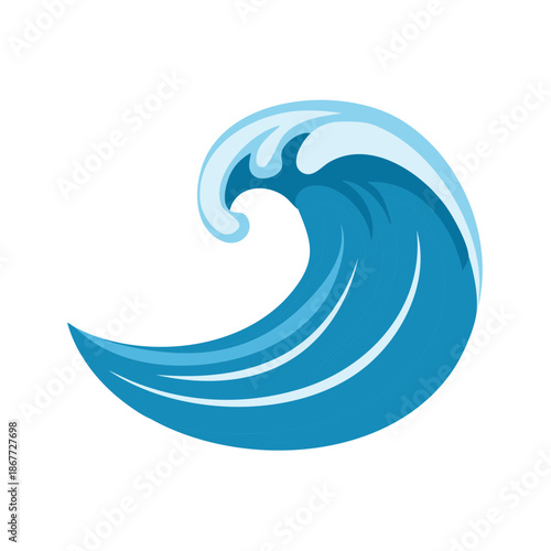 Stylized blue ocean wave crashing with foam crest against a white background, water surge illustration