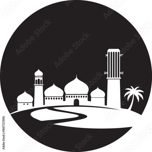 Desert oasis cityscape silhouette in circle with mosque, minarets, palm tree and winding road