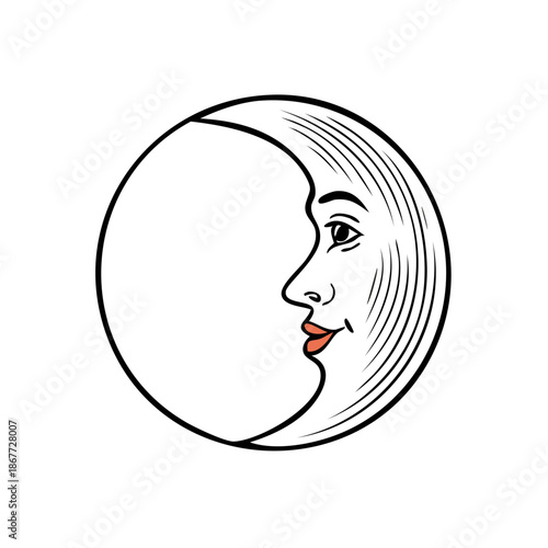 Vintage Crescent Moon Face Illustration Engraving Design Symbol Celestial Luna Icon Graphic Element