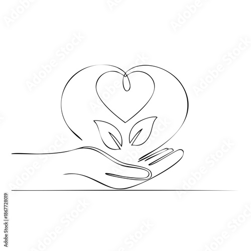 Line art of hand holding heart shape with leaves for care symbol, healthy lifestyle, donation, or eco design.