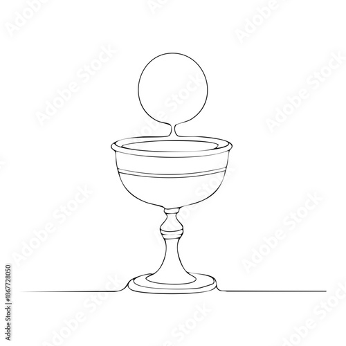 Minimalist drawing of a chalice with a communion host rising above symbolizing Christianity faith celebration ritual