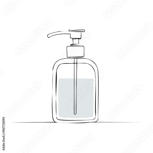 Hand Sanitizer Liquid Soap Bottle, Line Art Outline Illustration of Dispenser for Hygienic Hand Cleaning