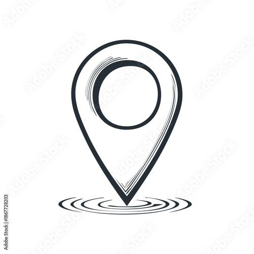 Hand drawn map pointer with water ripples representing location or destination concept with navigation icon for directions