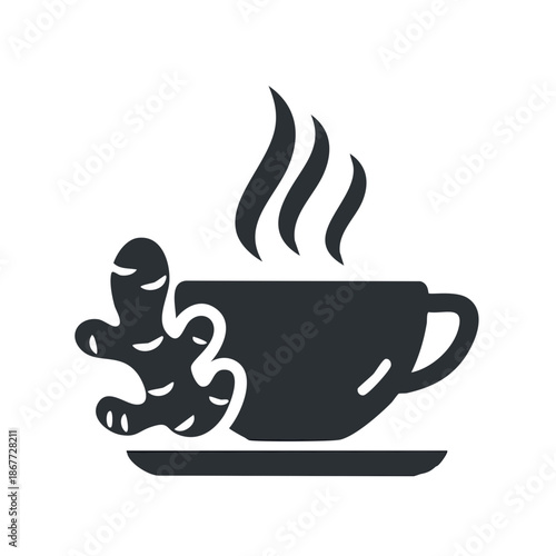 Aromatic ginger tea in a mug emits steam with fresh ginger root illustration icon