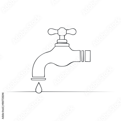 Faucet outline illustration with a dripping water drop. Black and white line art drawing.