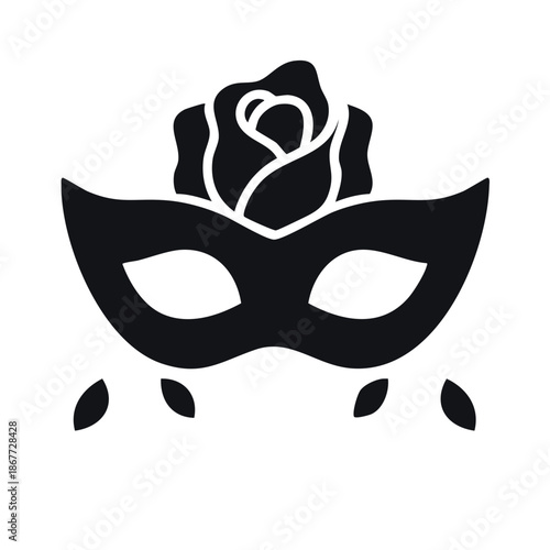 Elegant black masquerade mask silhouette adorned with a rose for festive occasions and celebrations