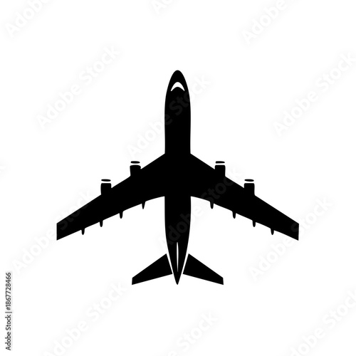 Commercial Airplane Silhouette View From Above for Aviation Design and Tourism Concepts Black and White, Aircraft Transportation, and International Travel