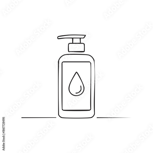 Outline drawing of a bottle with dispenser and drop logo for cosmetic product or liquid soap or sanitizer bottle mockup concept