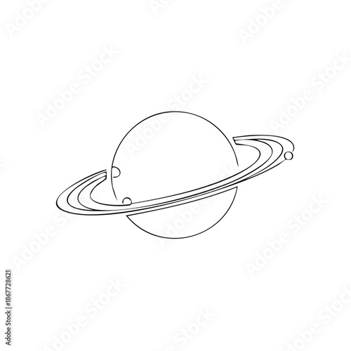 Line drawing illustration showing planet with rings, celestial sphere and satellite for science or astrology projects.