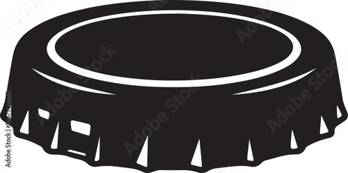 A black and white illustration of a bottle cap with a textured edge