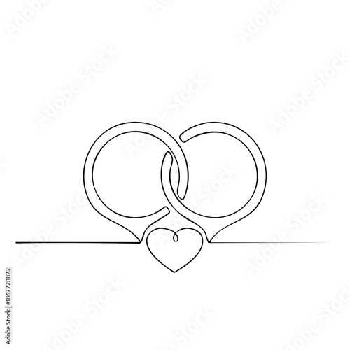 Continuous line drawing illustration featuring wedding rings, symbolizing love and marriage union with minimalist heart design