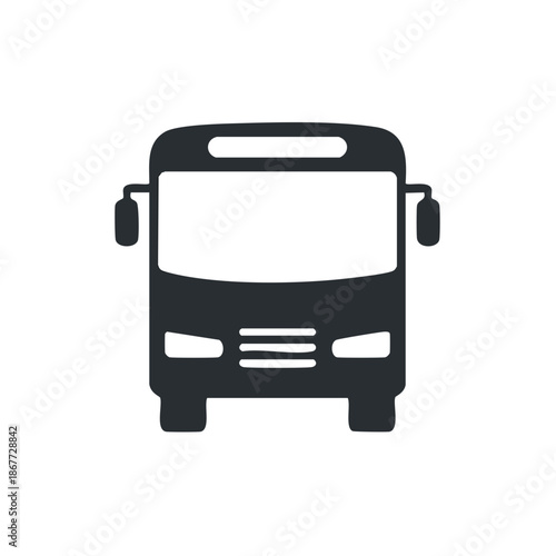 Front view of a black bus driving with a destination board on top, black and white vector illustration