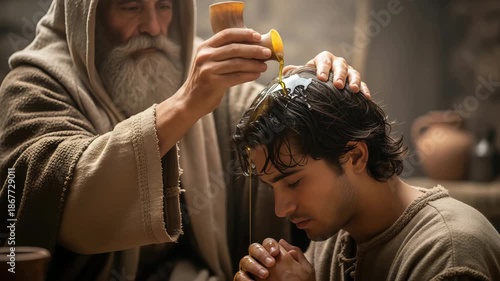 Anointing ritual with a man pouring oil on a kneeling young mans head, a religious biblical scene