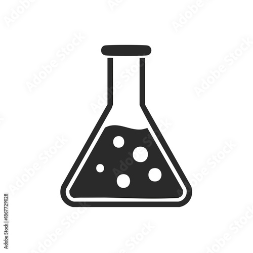 Chemical Erlenmeyer Flask with Bubbles Experiment Illustration, Lab Equipment and Conical Shape Design, Black and White