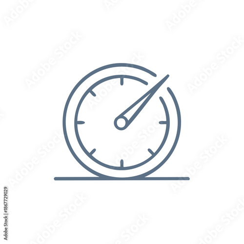 Line Icon of Gauge with Needle Indicator. Speedometer Design in Circle Outline, Simple vector art.
