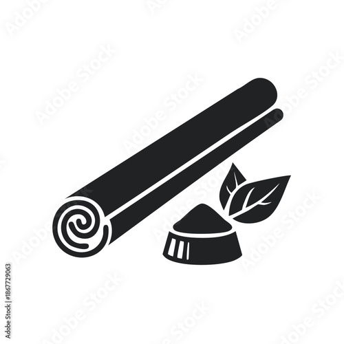 Single cinnamon stick with powder and leaves illustration for spice and flavor in cooking applications