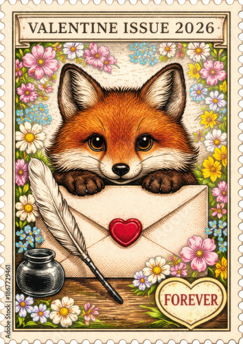 Cute red fox peeks from a love letter with heart seal, surrounded by spring flowers on a vintage Valentine's 2026 postage stamp. Perfect for romance-themed ads and greeting cards.
