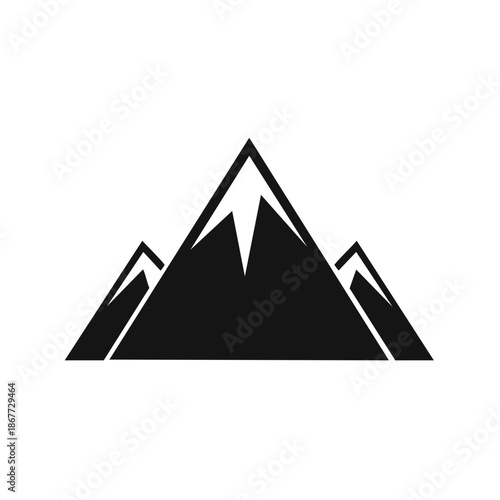 Simple black and white mountain range icon with snow on top, outdoor recreation concept and scenic landscape illustration