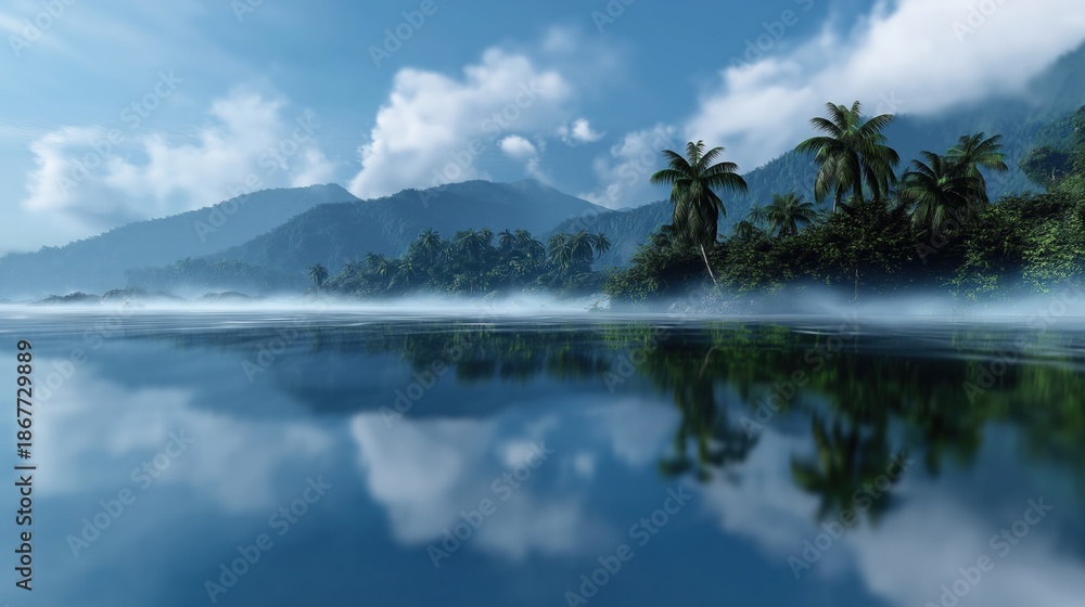 Obraz premium Serene tropical lake with misty mountains and palm trees under a blue sky