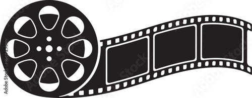 A black and white illustration of a film reel and strip
