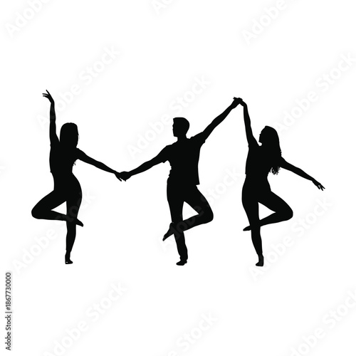 Three people dancing together in silhouette