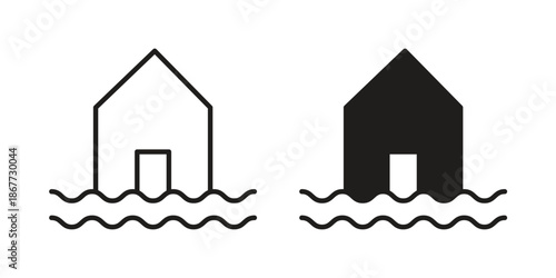 Flooded house icons on white background. EPS 10. Editable linear style stroke. Vector icon