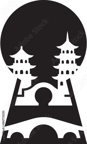 Traditional oriental pagodas and arched bridge silhouette framed within large moon keyhole art