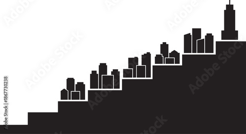 Urban growth concept silhouette showing city buildings rising on steps of stairs illustration