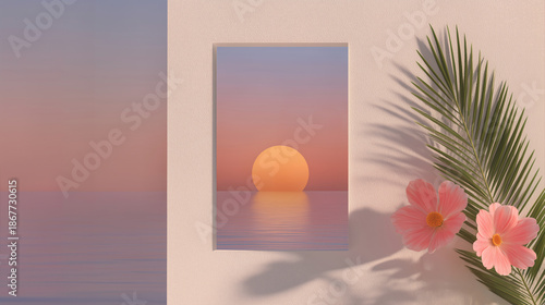 Surreal sunset seascape framed on textured wall with palm leaf and pink flowers, dreamy pastel atmosphere