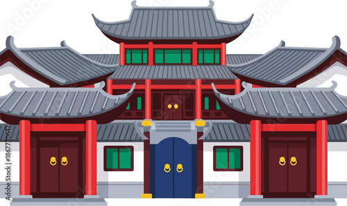 Traditional Chinese Residence Vector Illustration, Classic Courtyard House Architecture Icon, China Cultural Home Flat Design