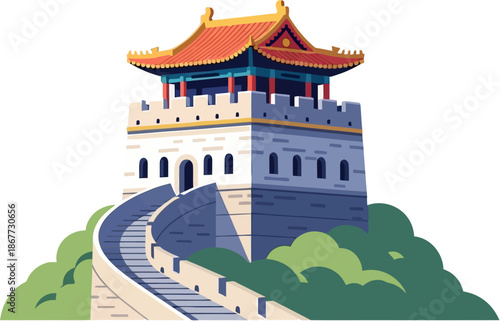 Great Wall Watchtower Vector Illustration, Ancient Chinese Defensive Architecture Icon, Historic China Landmark Flat Design