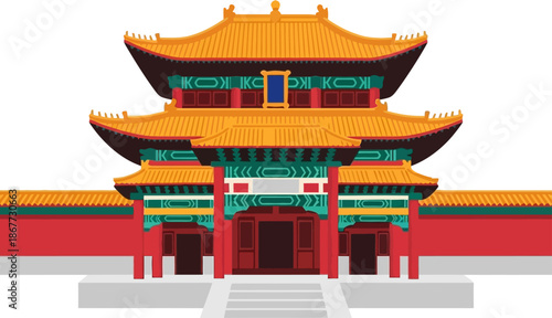 Chinese Temple Hall Vector Illustration, Traditional Worship Architecture Icon, Ancient China Religious Building Flat Design