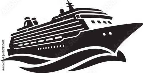 Stylized black and white illustration of a large cruise ship sailing on waves