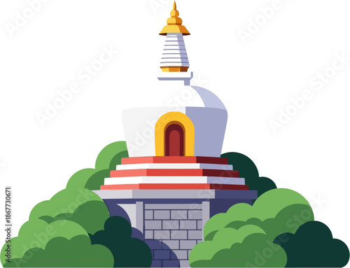 White Pagoda Vector Illustration, Traditional Chinese Buddhist Stupa Landmark, Ancient China Religious Architecture Flat Design