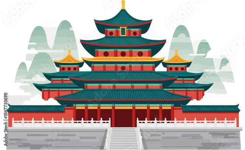 Imperial Chinese Palace Vector Illustration, Traditional Royal Architecture Complex Icon, Ancient China Landmark Flat Design