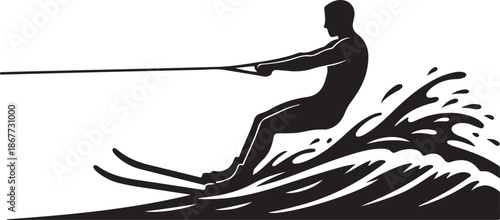 Silhouette of a waterskier gliding across the water with spray