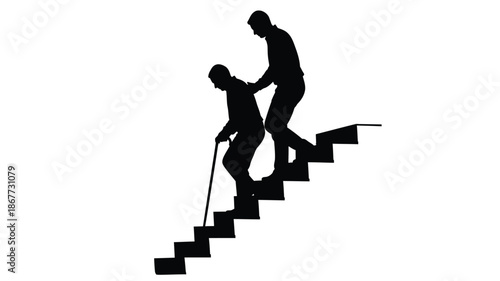 A silhouette of a younger person assisting an older person climbing a flight of stairs