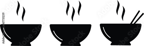 Vector of three hot bowls with steam and spoons black and white icons