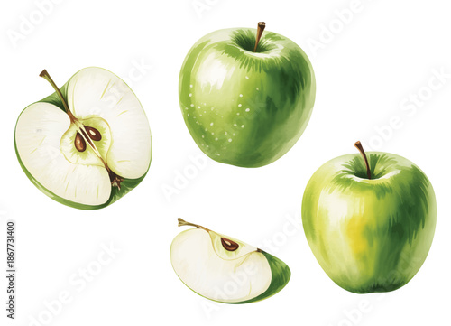 Fresh green apples with sliced details in natural watercolor art.