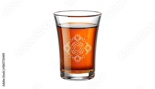 A glass of amber liquid with an intricate design on transparent background